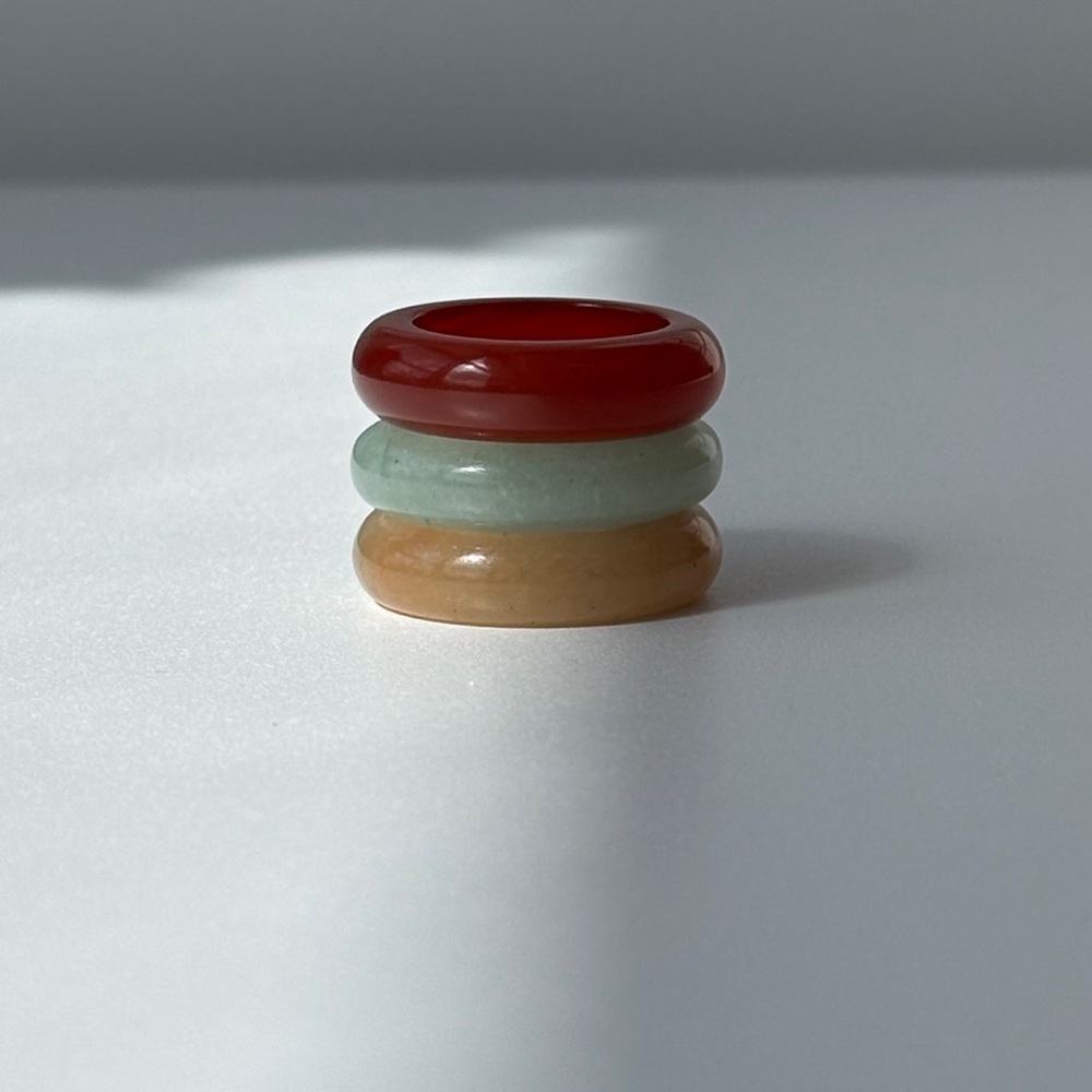 Stone Trilogy Stack Yellow Jade Red Agate Aventurine Ring Set Of 3 Bands, Size 7 - Picture 5 of 9